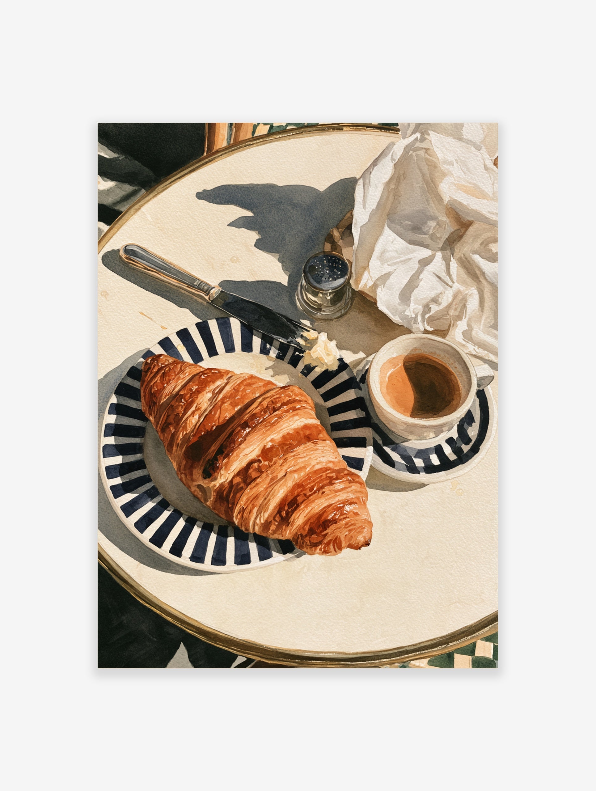 Watercolor-style illustration of a croissant on a striped plate with coffee and a knife, kitchen wall art print