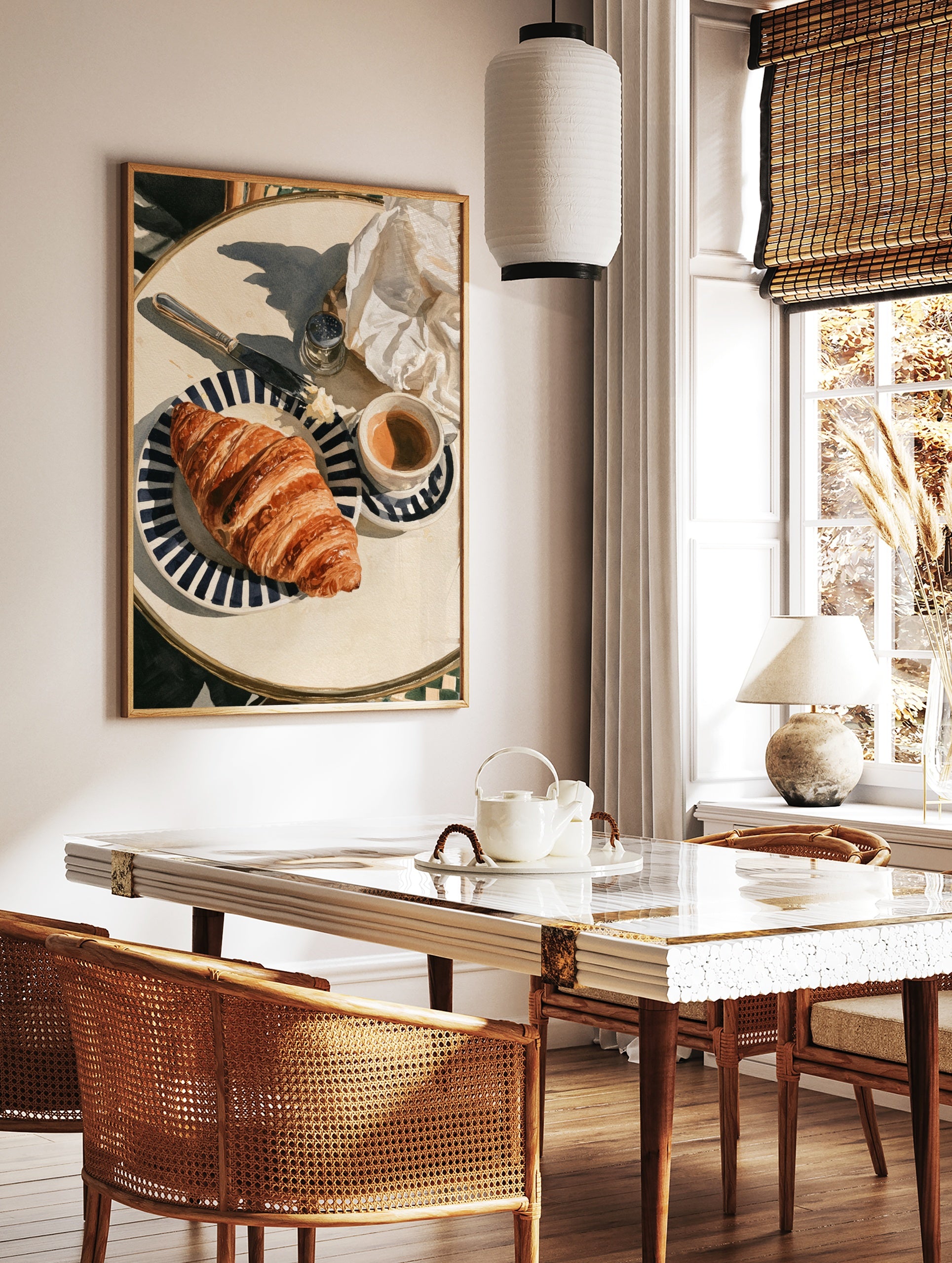 Watercolor-style illustration of a croissant on a striped plate with coffee and a knife, kitchen, in a styled room mockup