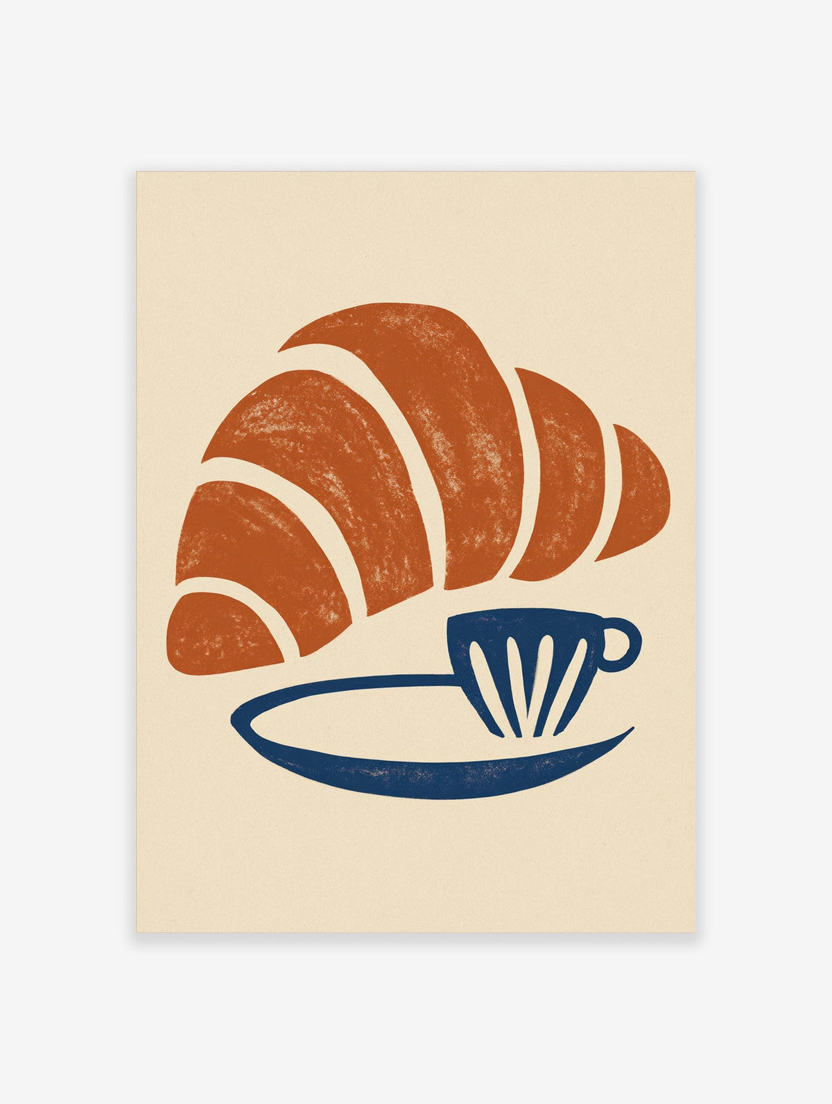 Retro croissant and navy coffee cup on saucer art print with cream background
