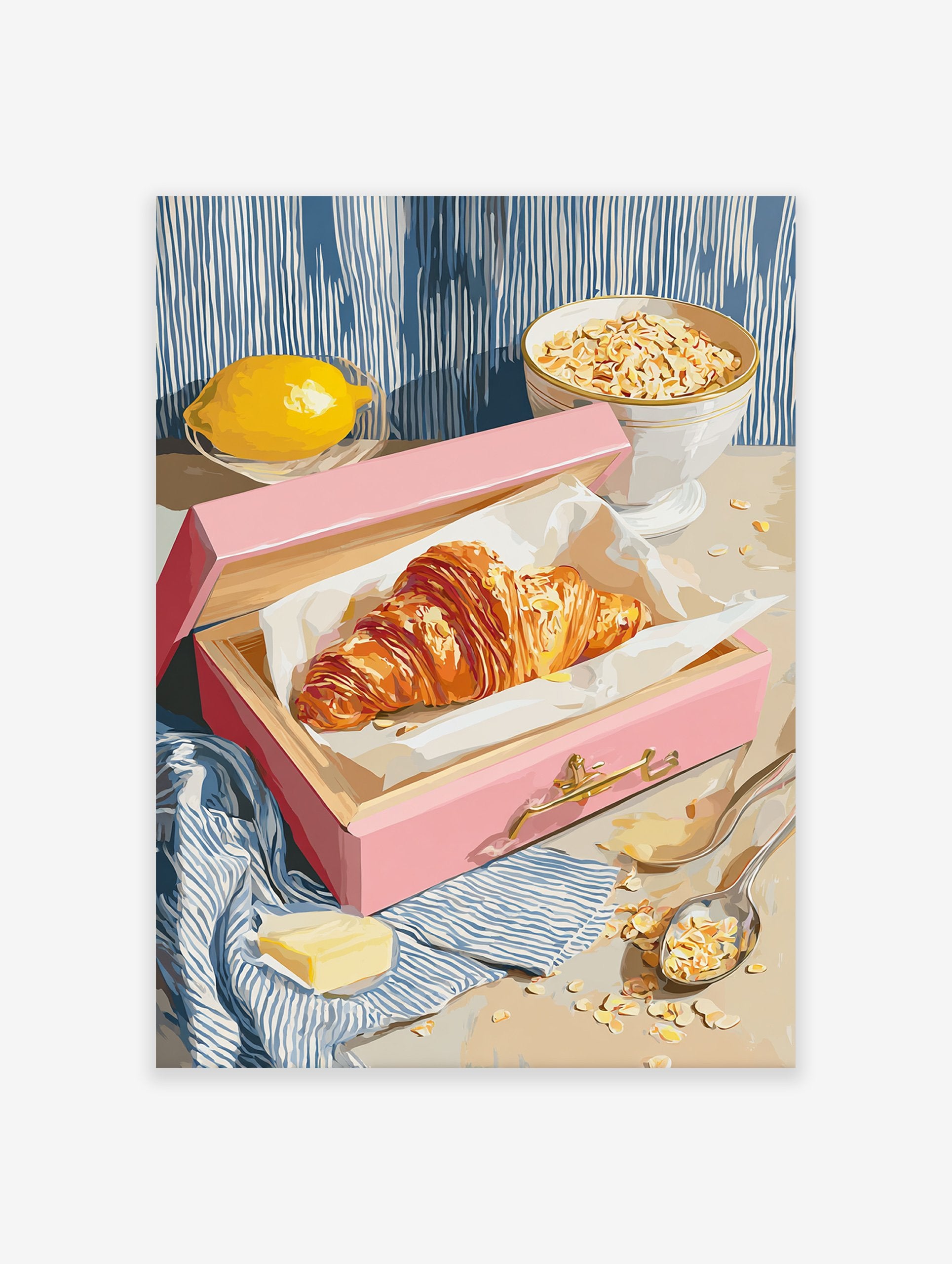 Croissant breakfast poster with a golden croissant in a pink box, fresh lemon, and a bowl of oats on a table.