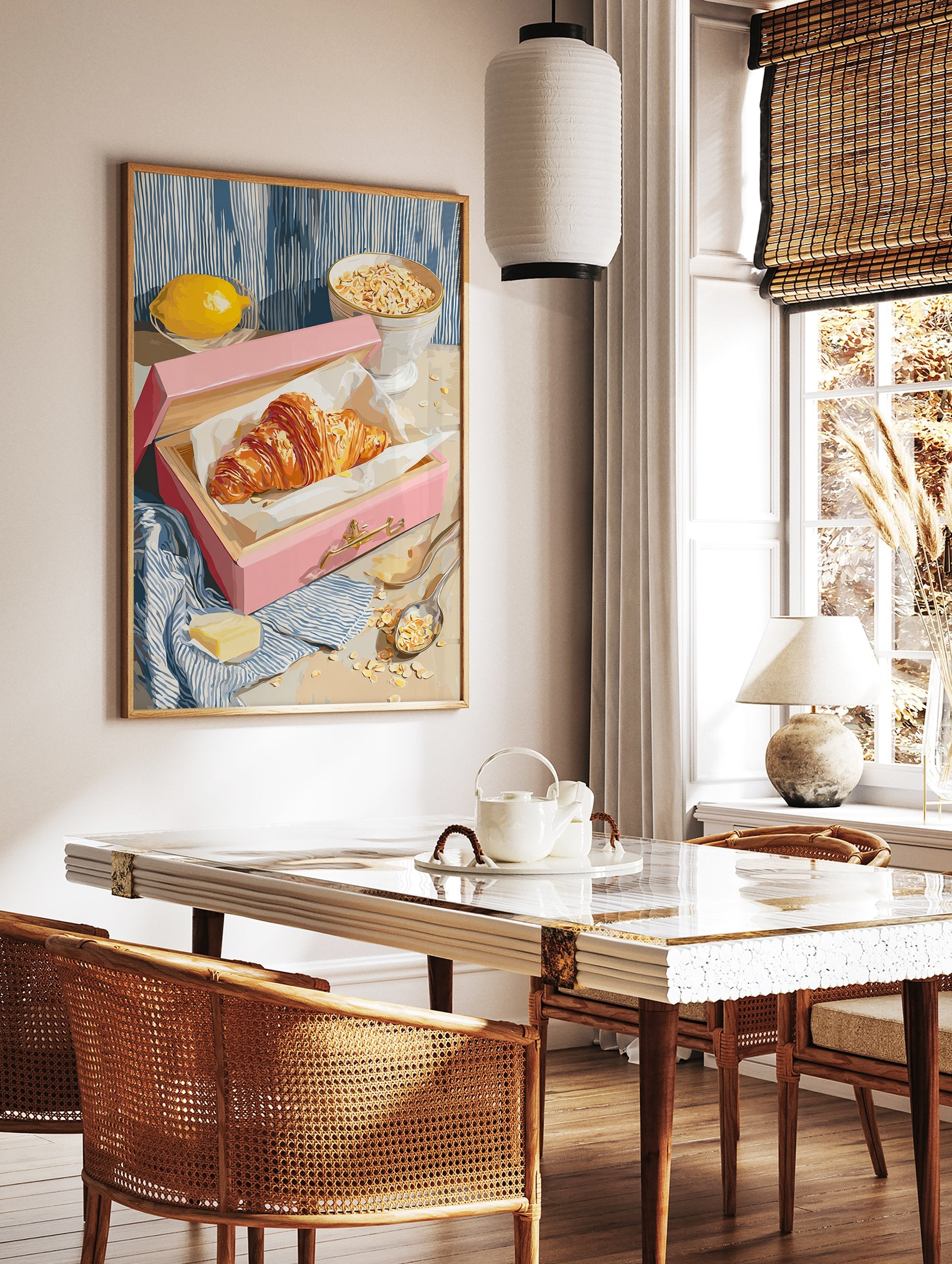 Croissant breakfast poster with a golden croissant in a pink box, fresh lemon, and a bowl of oats on a table. - Image 2