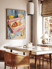 Croissant breakfast poster with a golden croissant in a pink box, fresh lemon, and a bowl of oats on a table. - Image 2