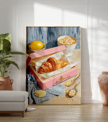 Croissant breakfast poster with a golden croissant in a pink box, fresh lemon, and a bowl of oats on a table. - Image 3