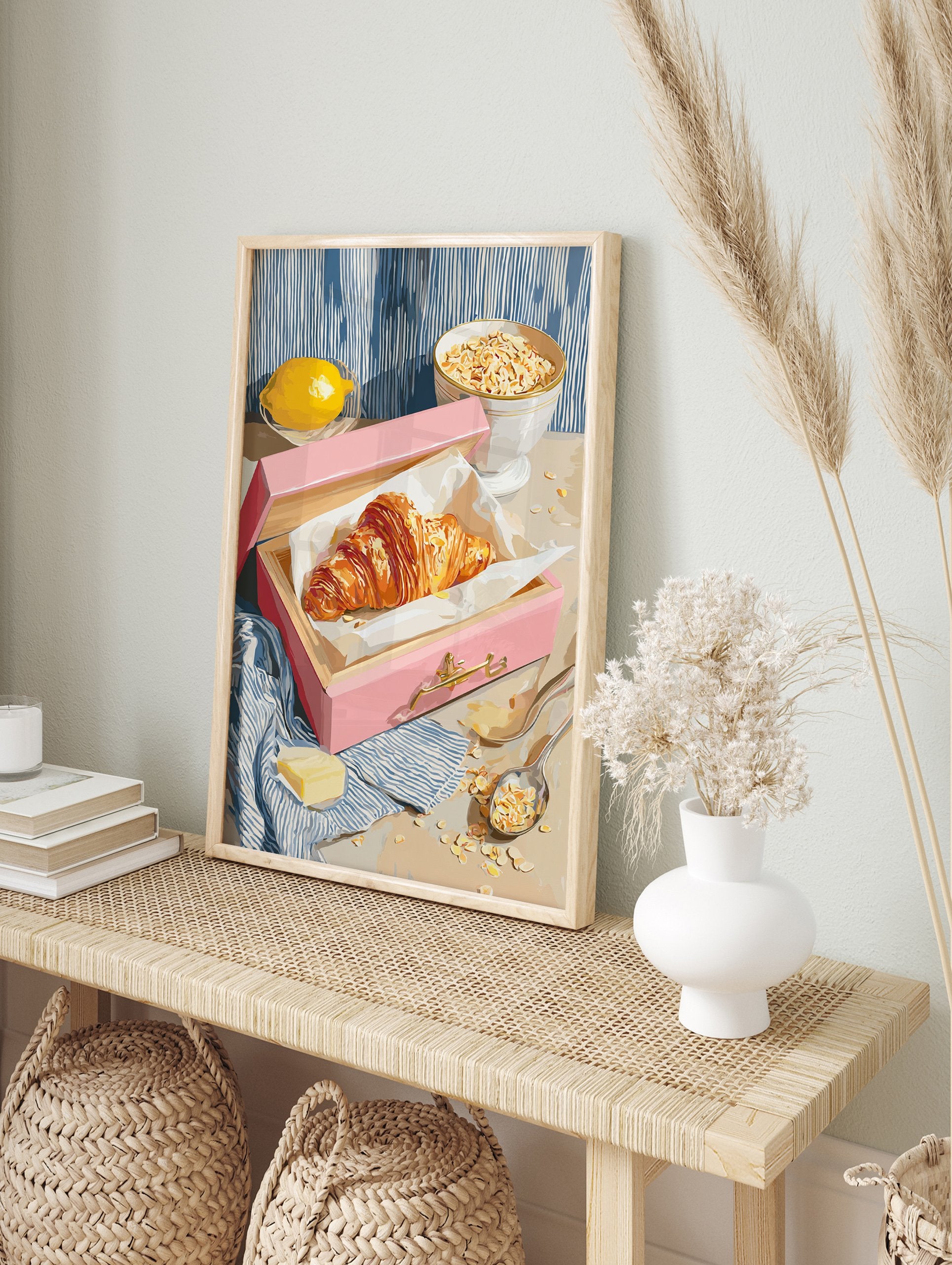 Croissant breakfast poster with a golden croissant in a pink box, fresh lemon, and a bowl of oats on a table. - Image 4