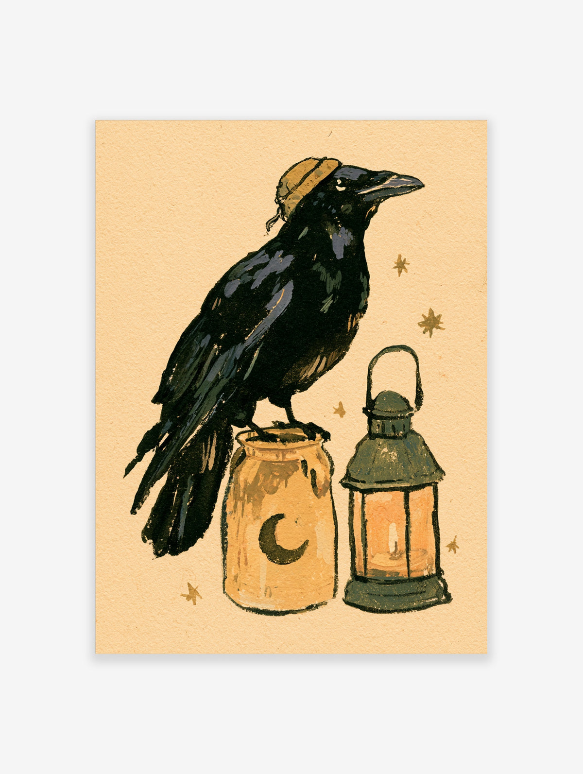 Black crow in a straw hat on a crescent moon jar beside a lit lantern, gold stars on beige paper