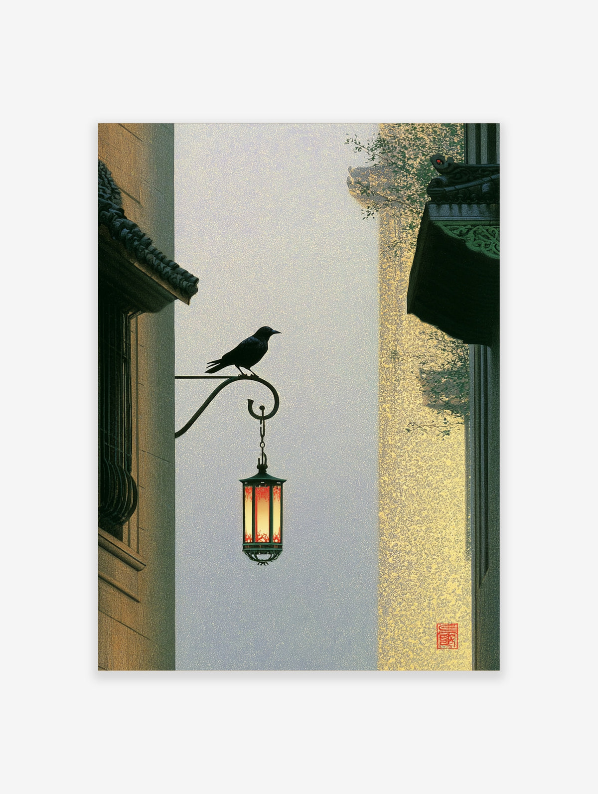 Silhouetted crow on a wrought-iron bracket holding a glowing lantern against a pale sky