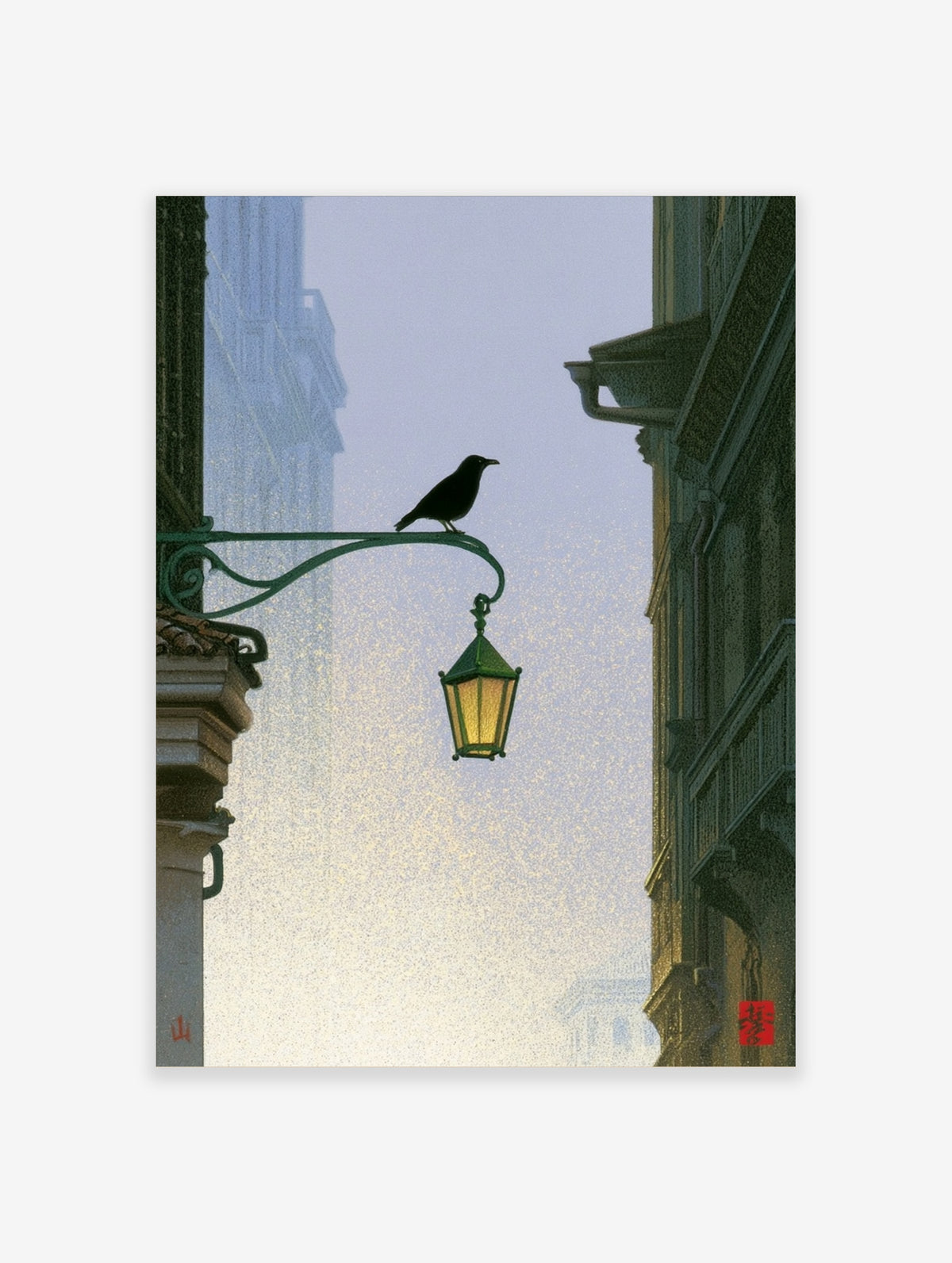 Black crow perched on a green street lamp with a yellow lantern against a blue city background