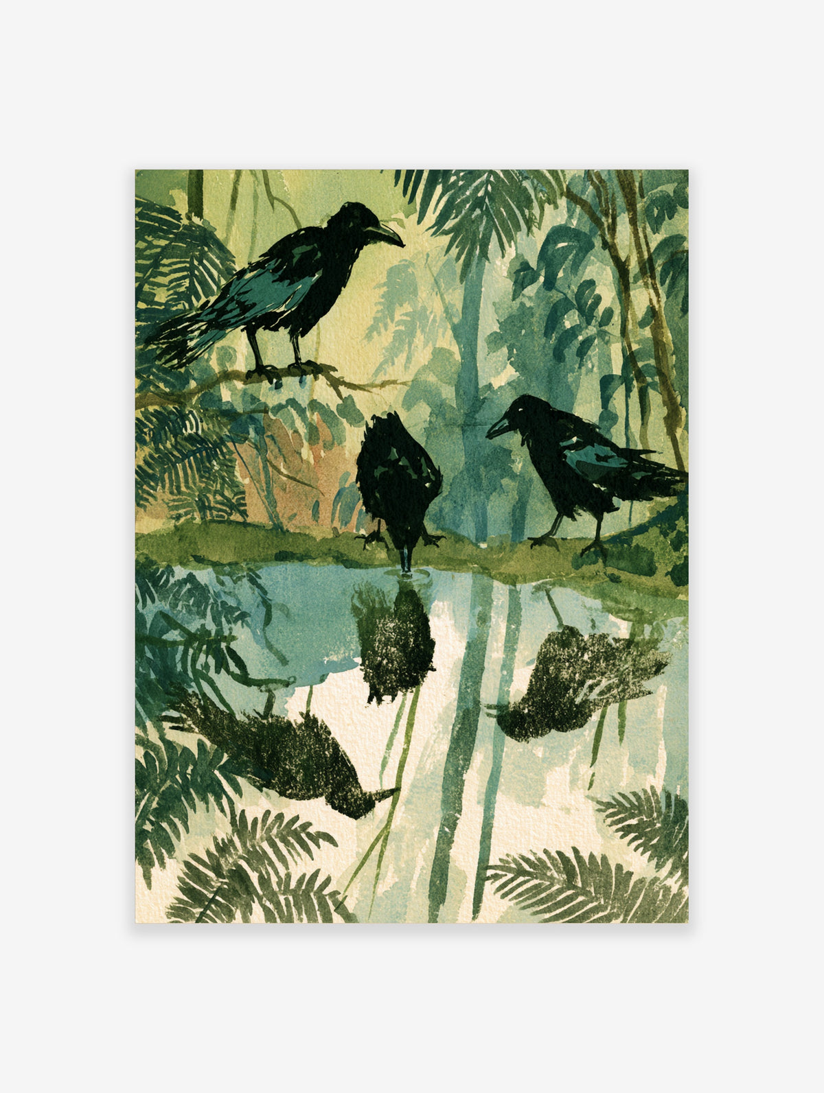 Three black crows beside a reflective pool in a green jungle, Japanese-style bird art print