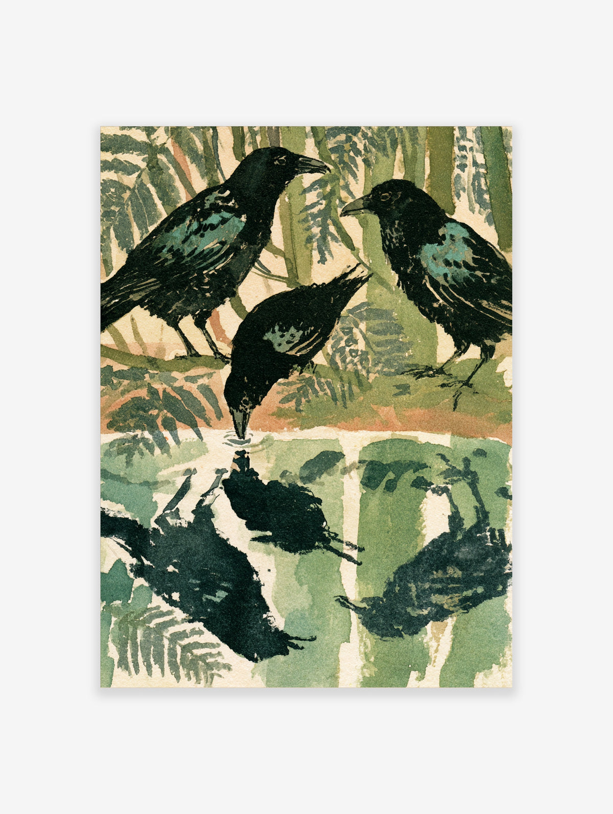 Three black crows on a branch above water, Japanese-style bird poster with green foliage and reflections