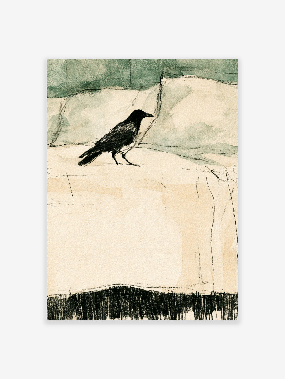 Minimalist crow wall art print with black ink bird on cream paper and green abstract hills