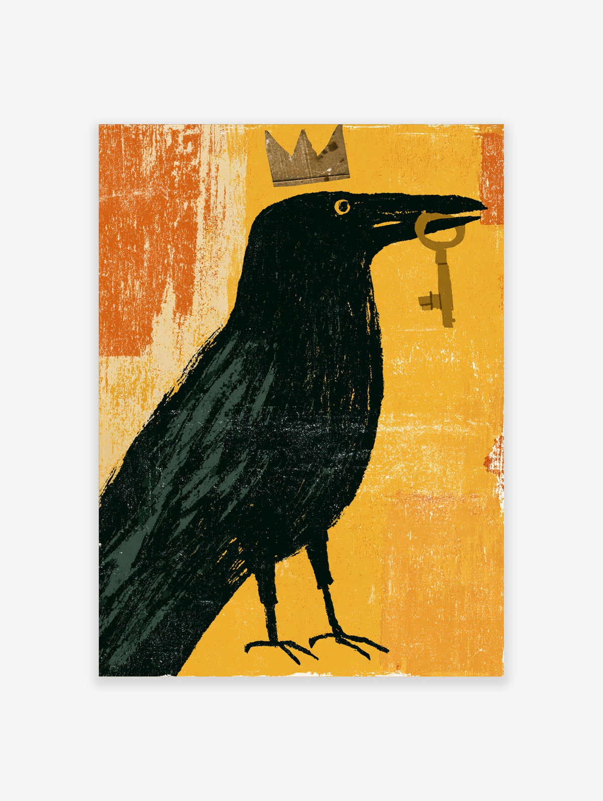 Black crow wearing a gold crown holds a key in its beak on a mustard yellow textured background art print