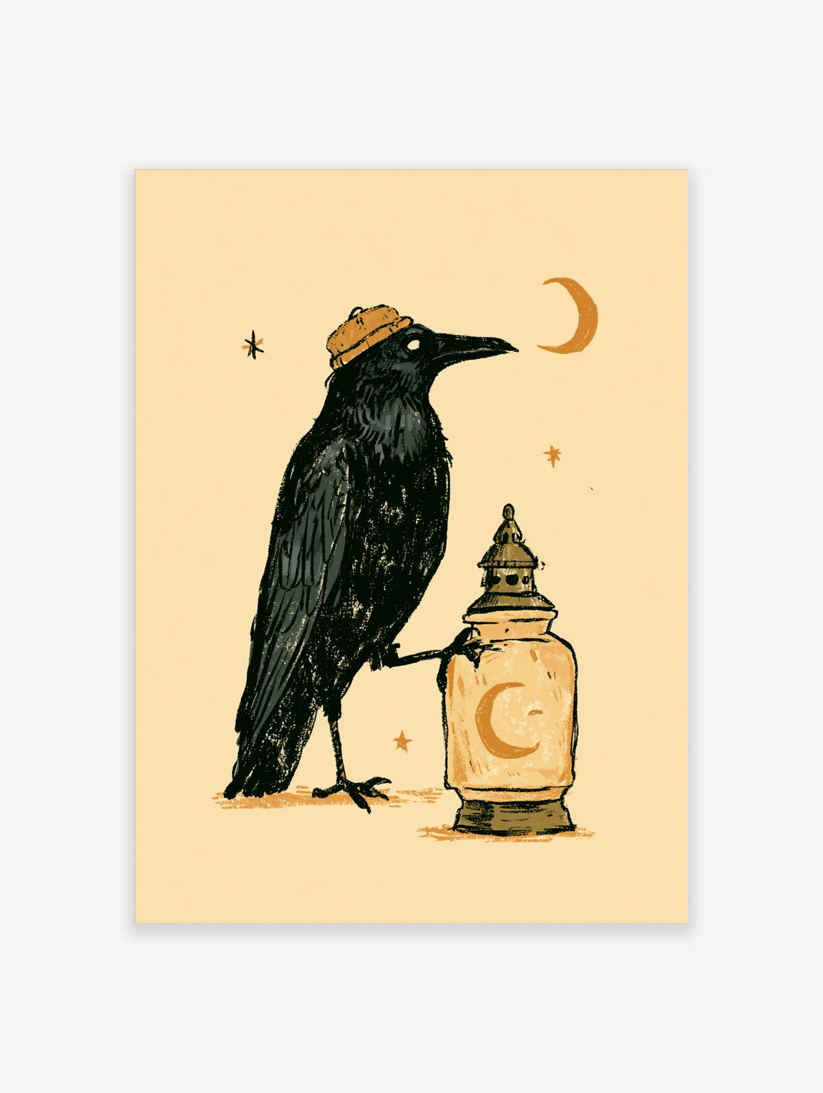 Black crow with flat cap beside lantern with crescent moon on beige background, gothic poster