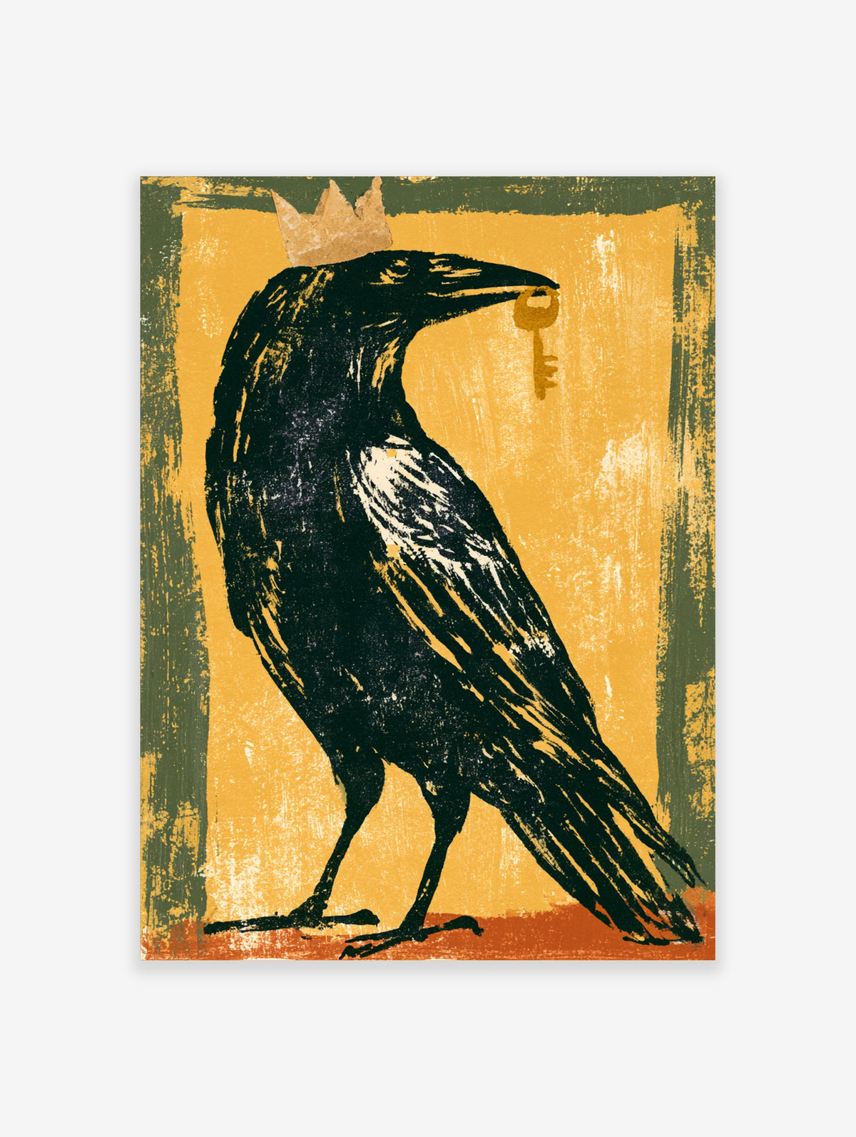 Crowned raven holding a gold key in its beak, black bird poster on yellow background
