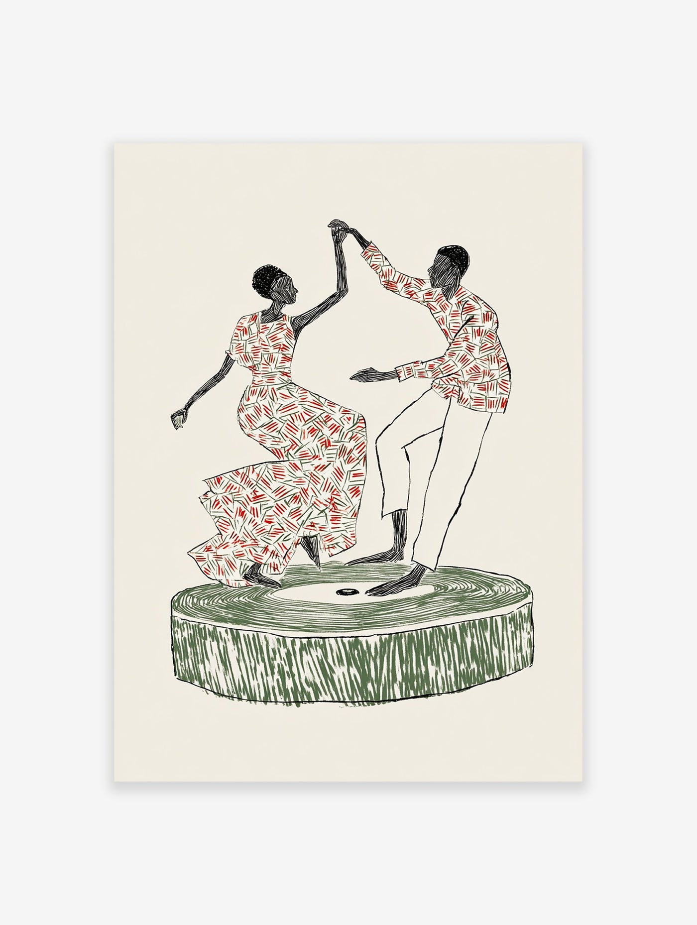 Cultural Dance Art print depicting an African couple dancing on a green platform with red and green patterned clothes.