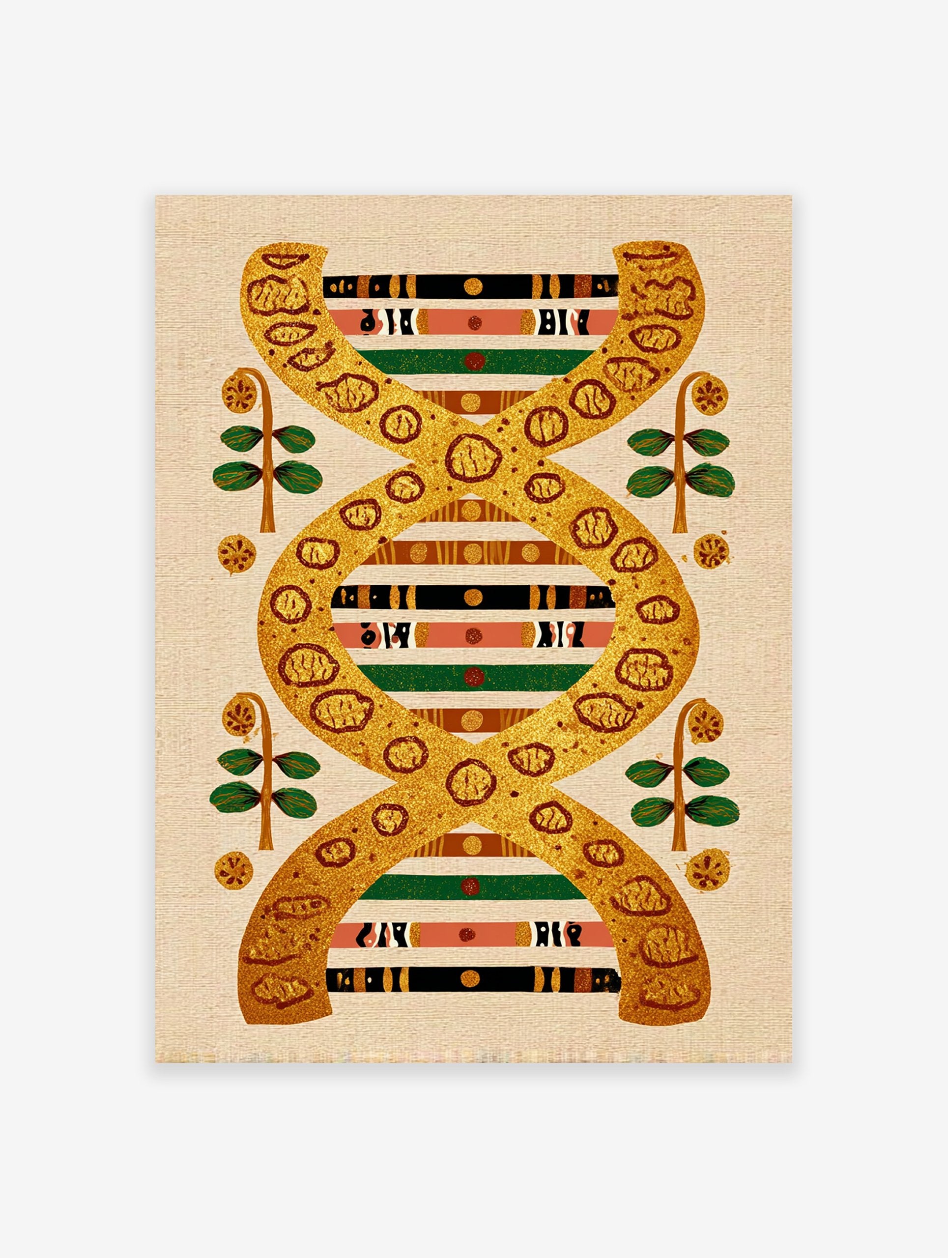 Vibrant cultural DNA wall art print with gold double helix, multi-color ethnic patterns, and plant motifs on a textured beige background.