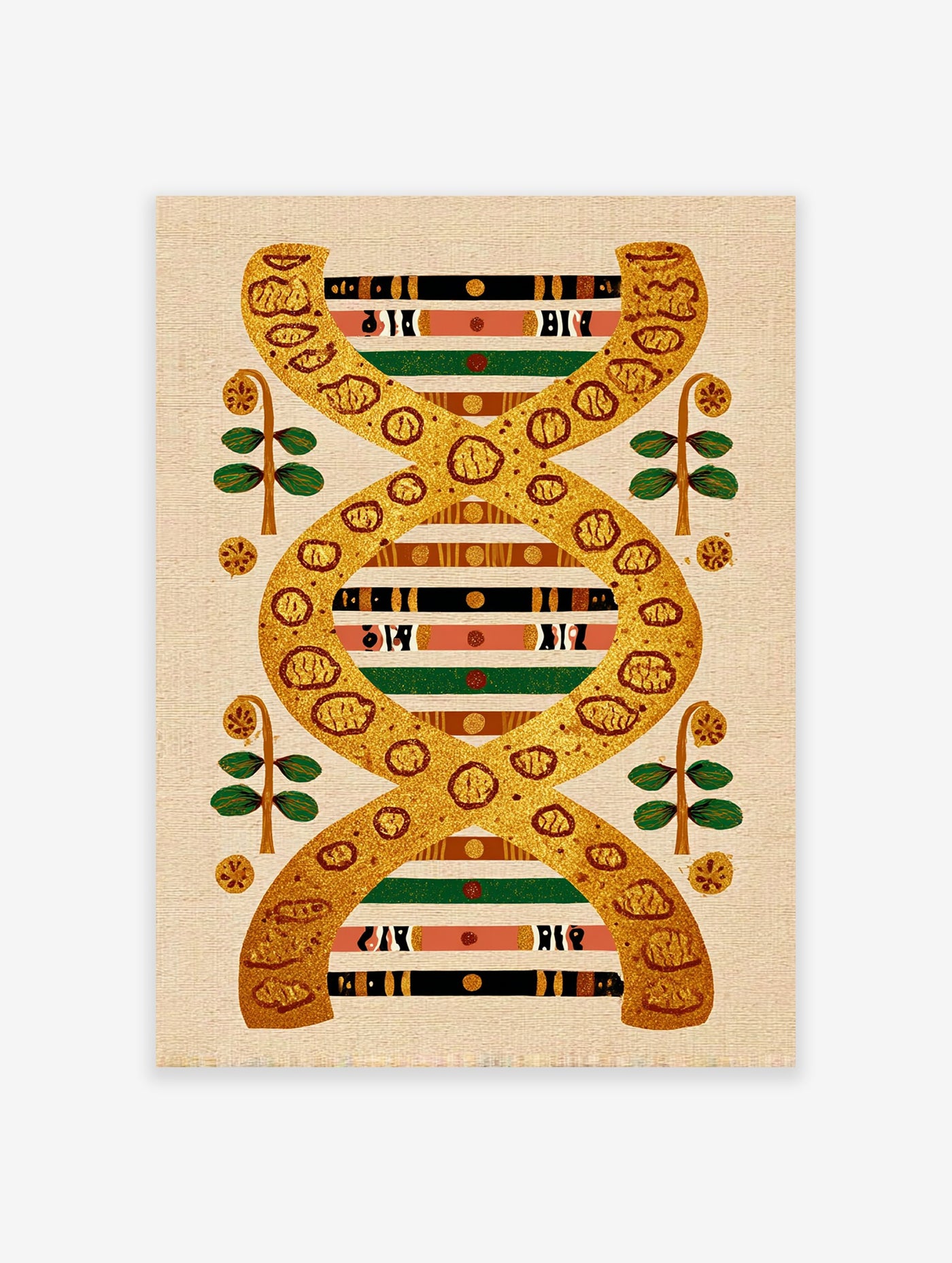 Vibrant cultural DNA wall art print with gold double helix, multi-color ethnic patterns, and plant motifs on a textured beige background.