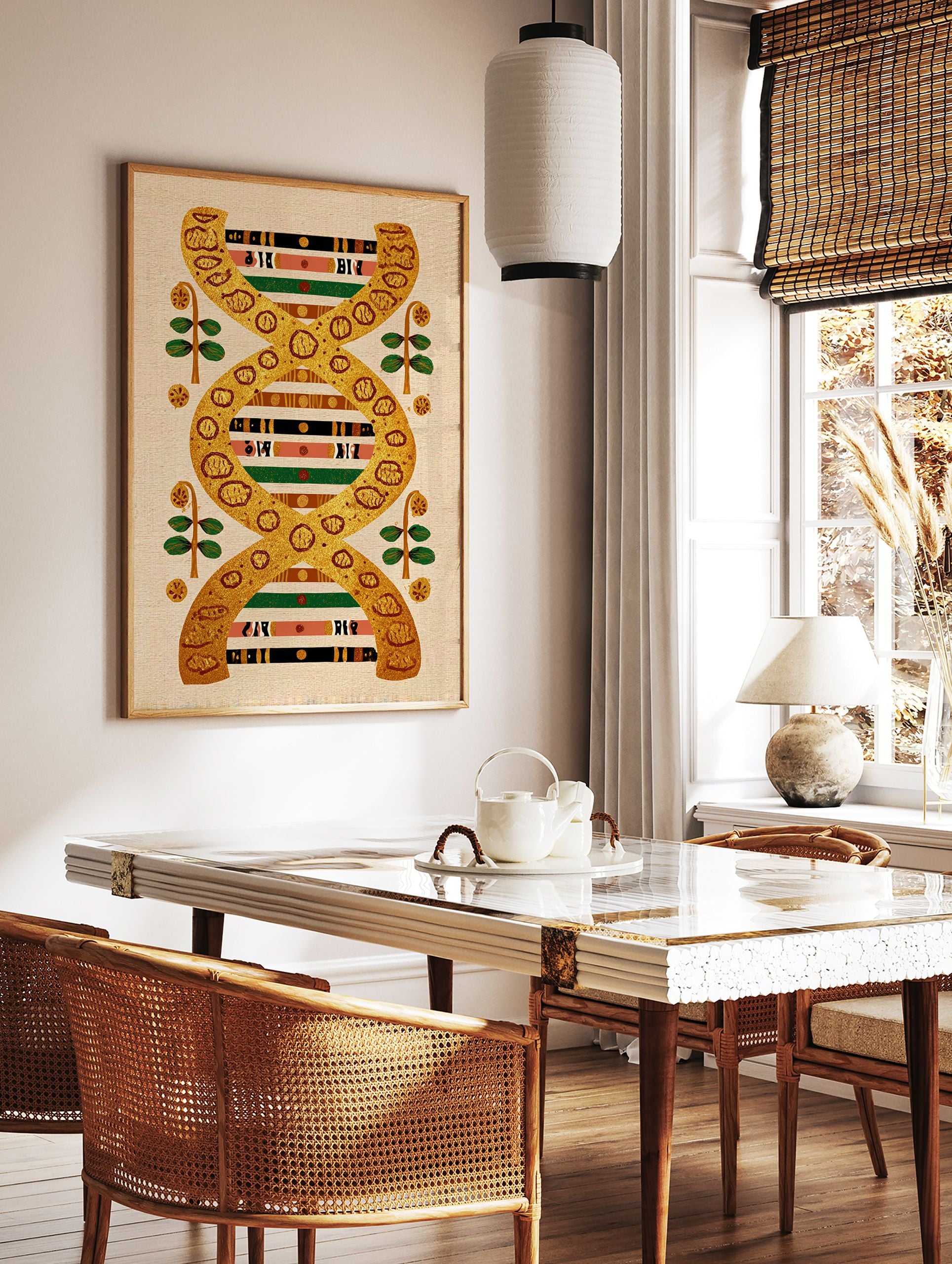 Vibrant cultural DNA wall art print with gold double helix, multi-color ethnic patterns, and plant motifs on a textured beige background. - Image 2