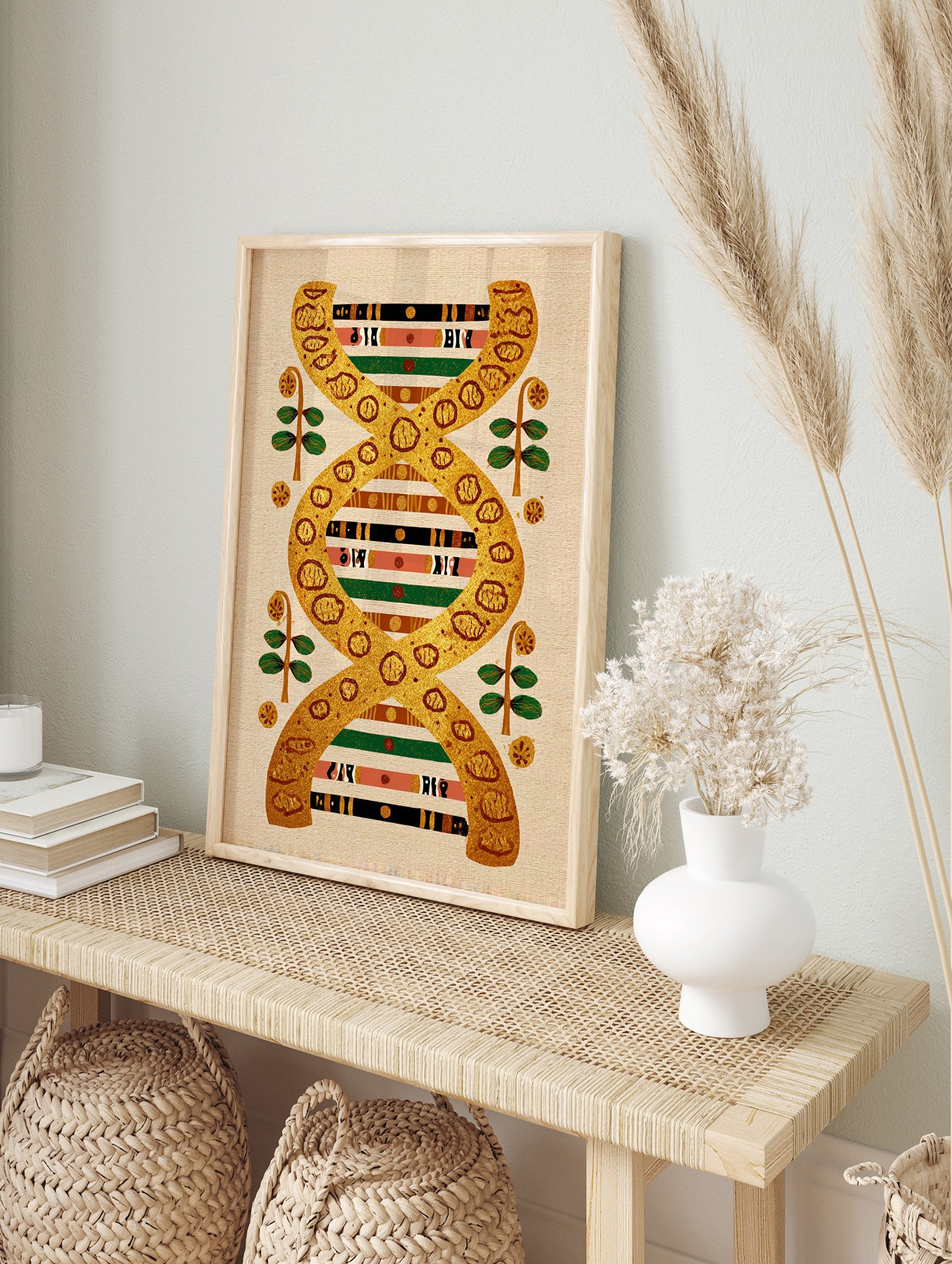 Vibrant cultural DNA wall art print with gold double helix, multi-color ethnic patterns, and plant motifs on a textured beige background. - Image 3