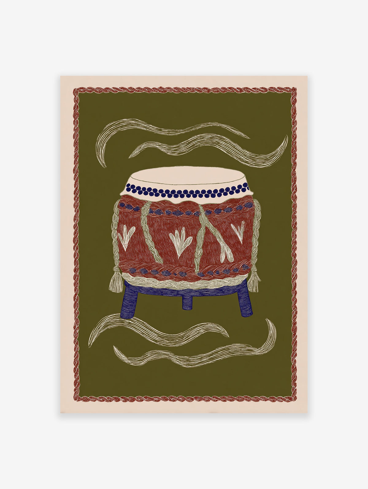 Illustrated cultural drum art print on an olive green background, featuring red, blue, and white details and wavy lines.