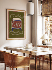 Illustrated cultural drum art print on an olive green background, featuring red, blue, and white details and wavy lines. - Image 2