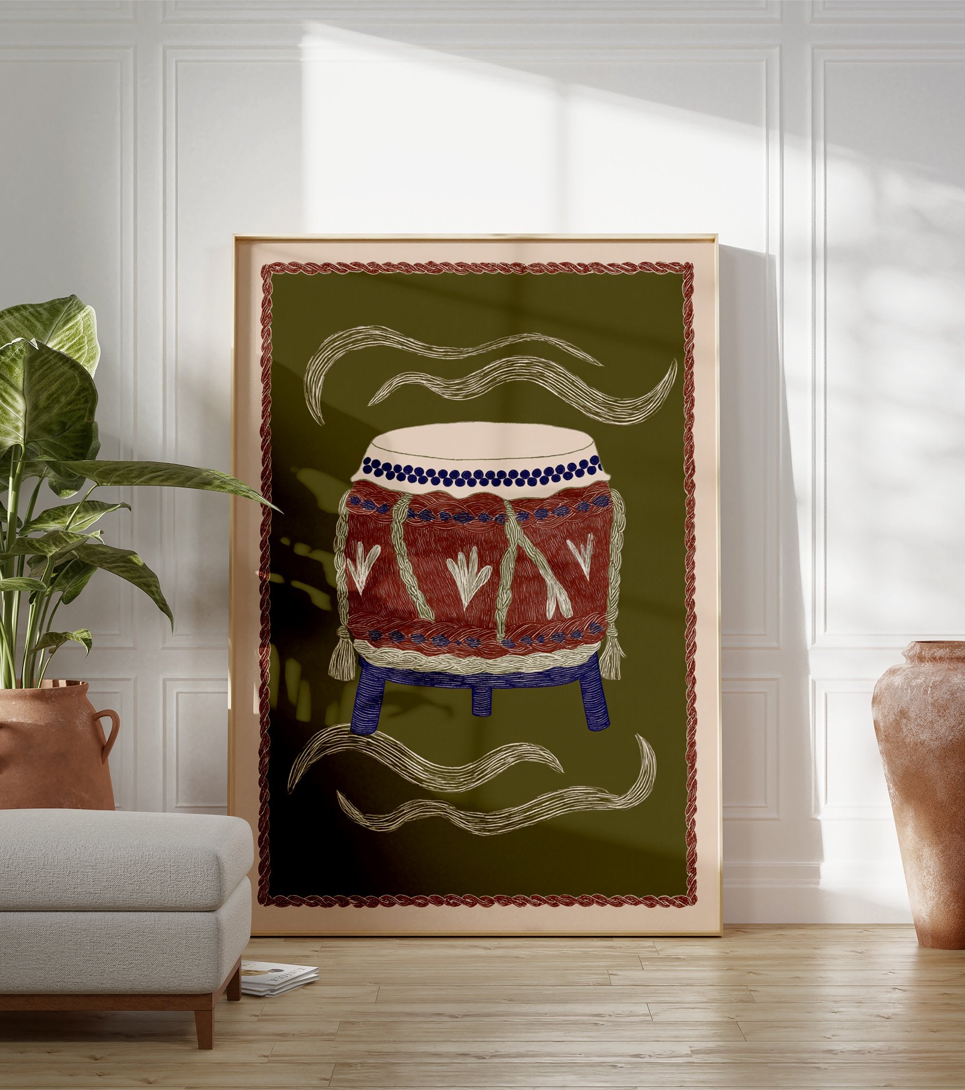 Illustrated cultural drum art print on an olive green background, featuring red, blue, and white details and wavy lines. - Image 3