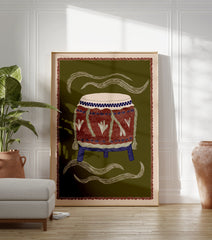 Illustrated cultural drum art print on an olive green background, featuring red, blue, and white details and wavy lines. - Image 3