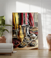 Cultural Still Life Poster featuring a yellow vase, silver pot, teacups, and red berries on a table with patterned textiles. - Image 3