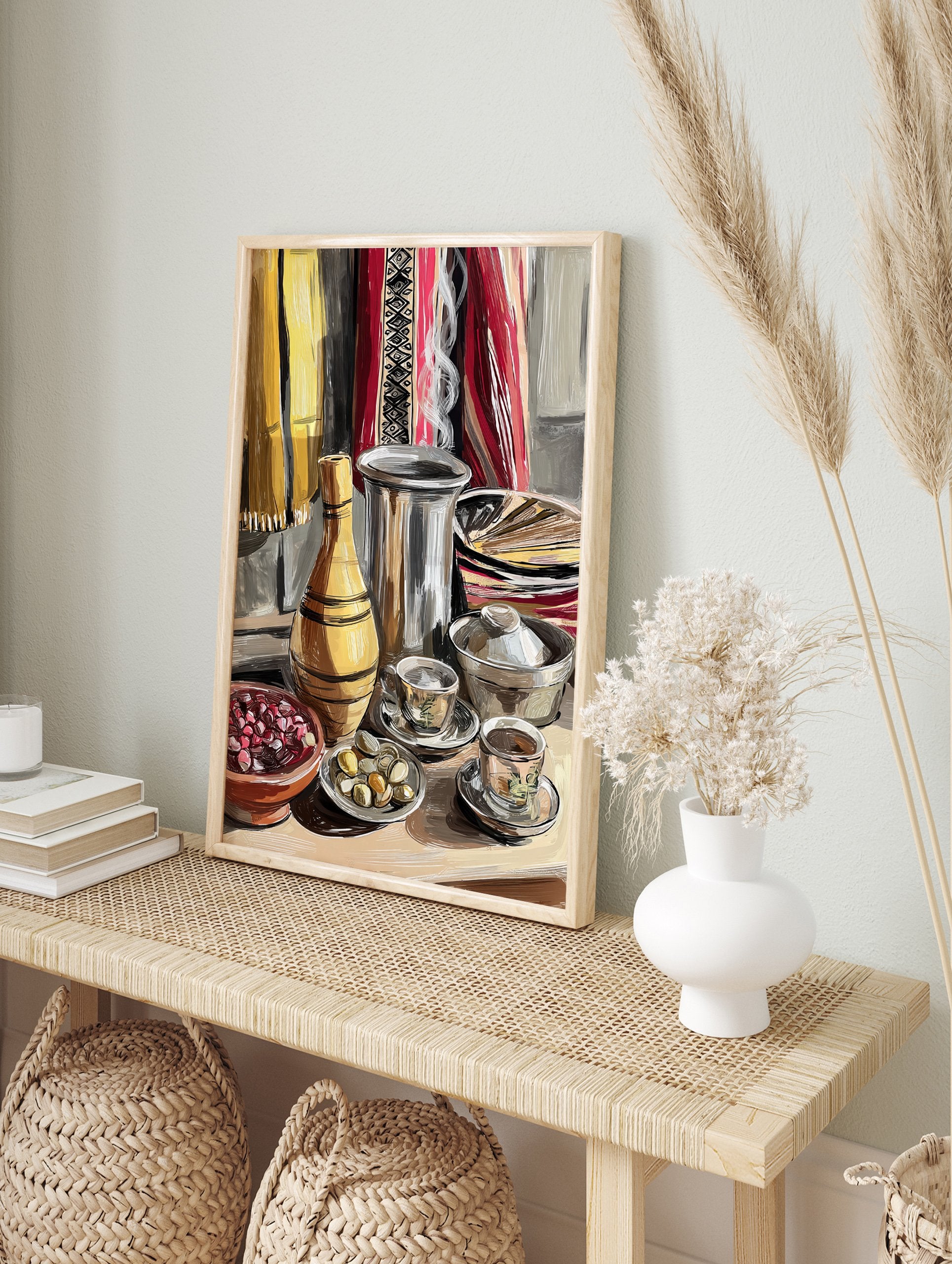 Cultural Still Life Poster featuring a yellow vase, silver pot, teacups, and red berries on a table with patterned textiles. - Image 4