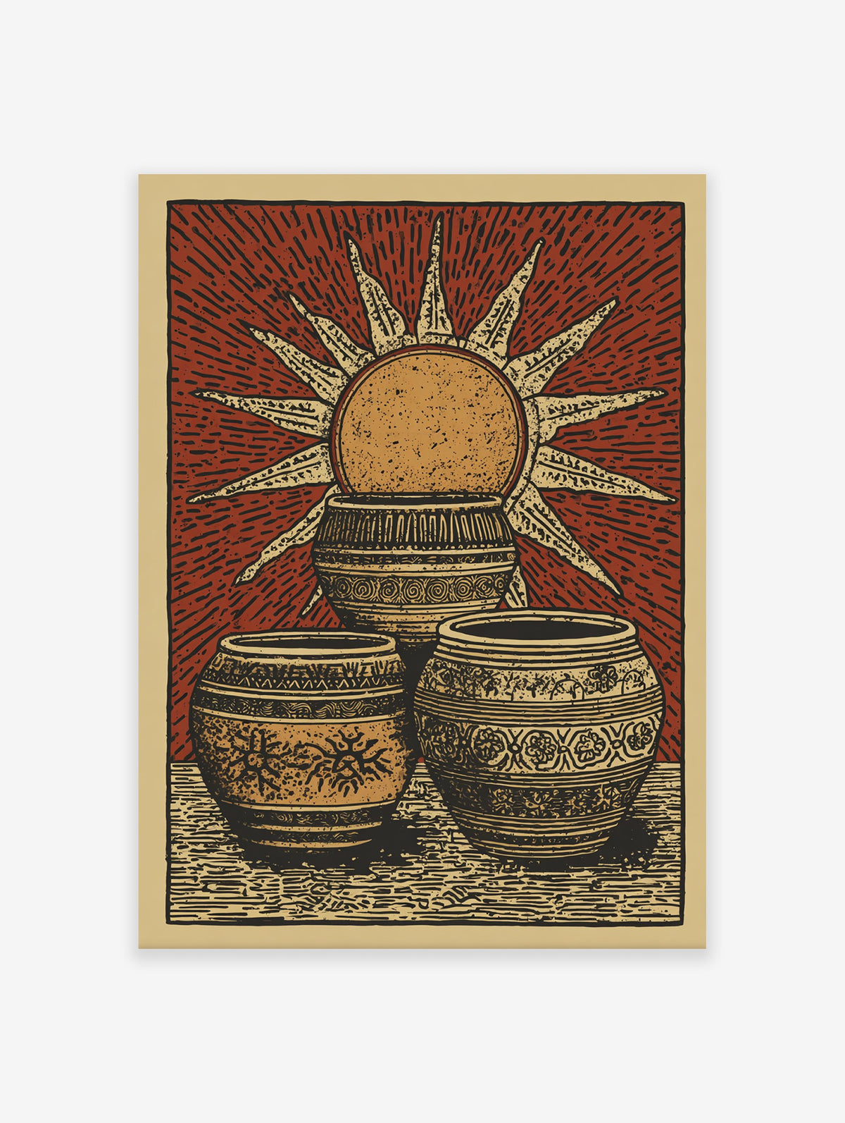 Cultural Sun Poster featuring three ornate, patterned pots and a radiant sun illustration on a reddish-brown background.
