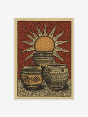 Cultural Sun Poster featuring three ornate, patterned pots and a radiant sun illustration on a reddish-brown background.