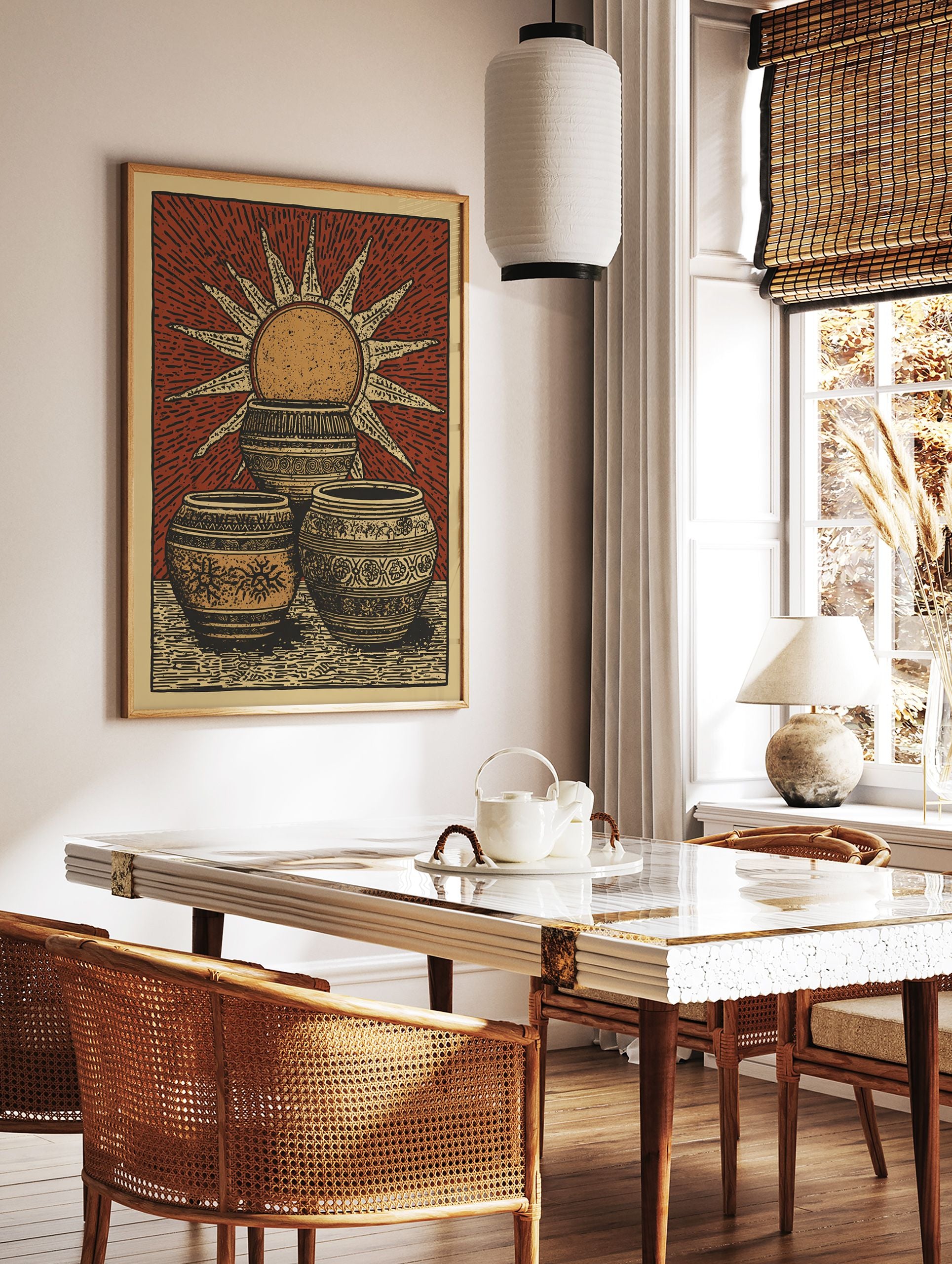 Cultural Sun Poster featuring three ornate, patterned pots and a radiant sun illustration on a reddish-brown background. - Image 2