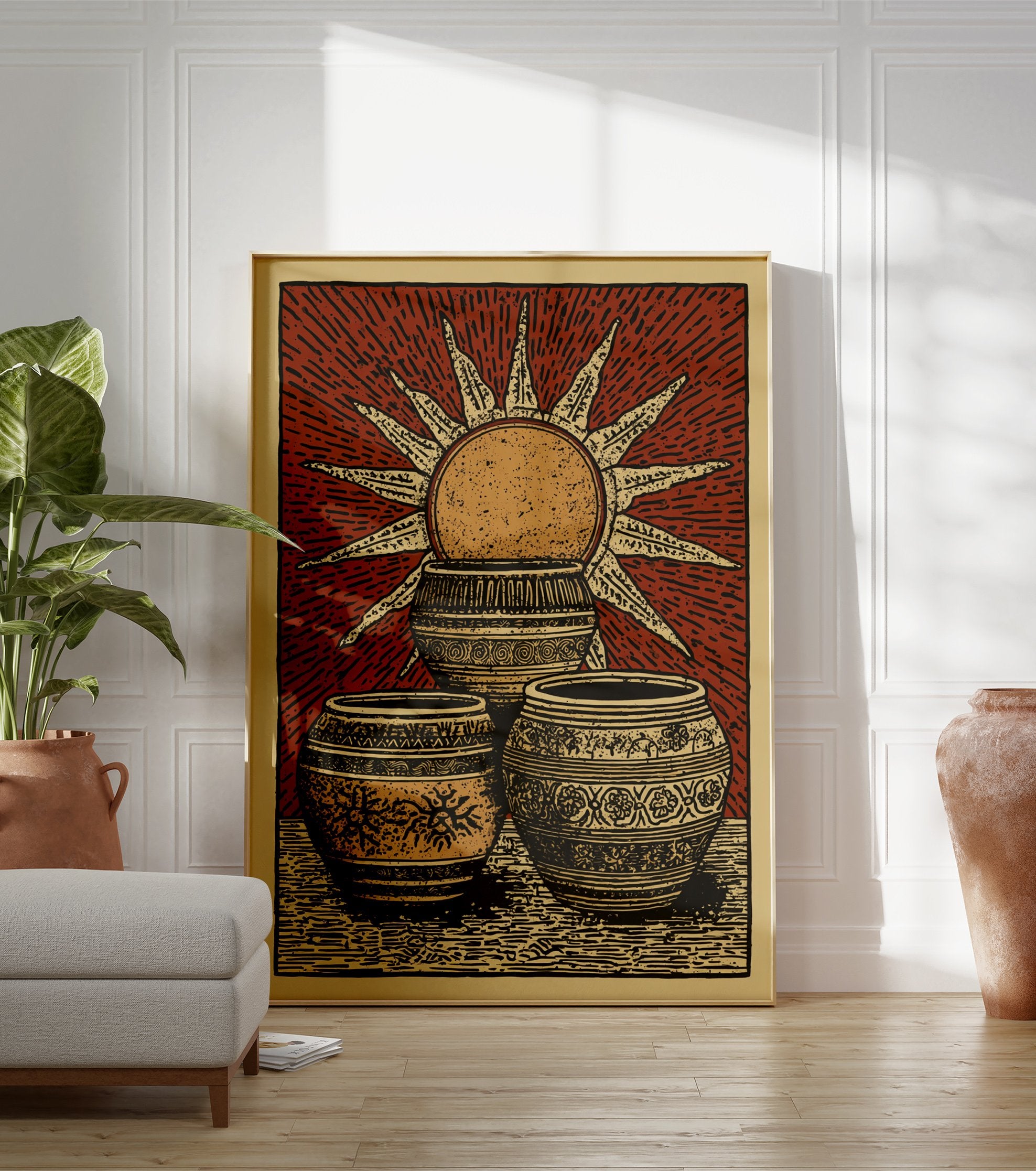 Cultural Sun Poster featuring three ornate, patterned pots and a radiant sun illustration on a reddish-brown background. - Image 3