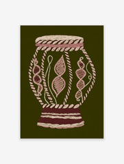 Abstract cultural wall art print of an embroidered-style vessel in pink, beige, and dark red on a dark green background.