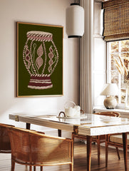 Abstract cultural wall art print of an embroidered-style vessel in pink, beige, and dark red on a dark green background. - Image 2