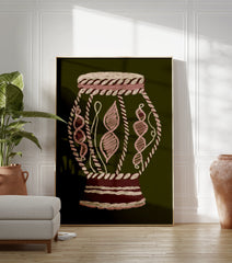 Abstract cultural wall art print of an embroidered-style vessel in pink, beige, and dark red on a dark green background. - Image 3