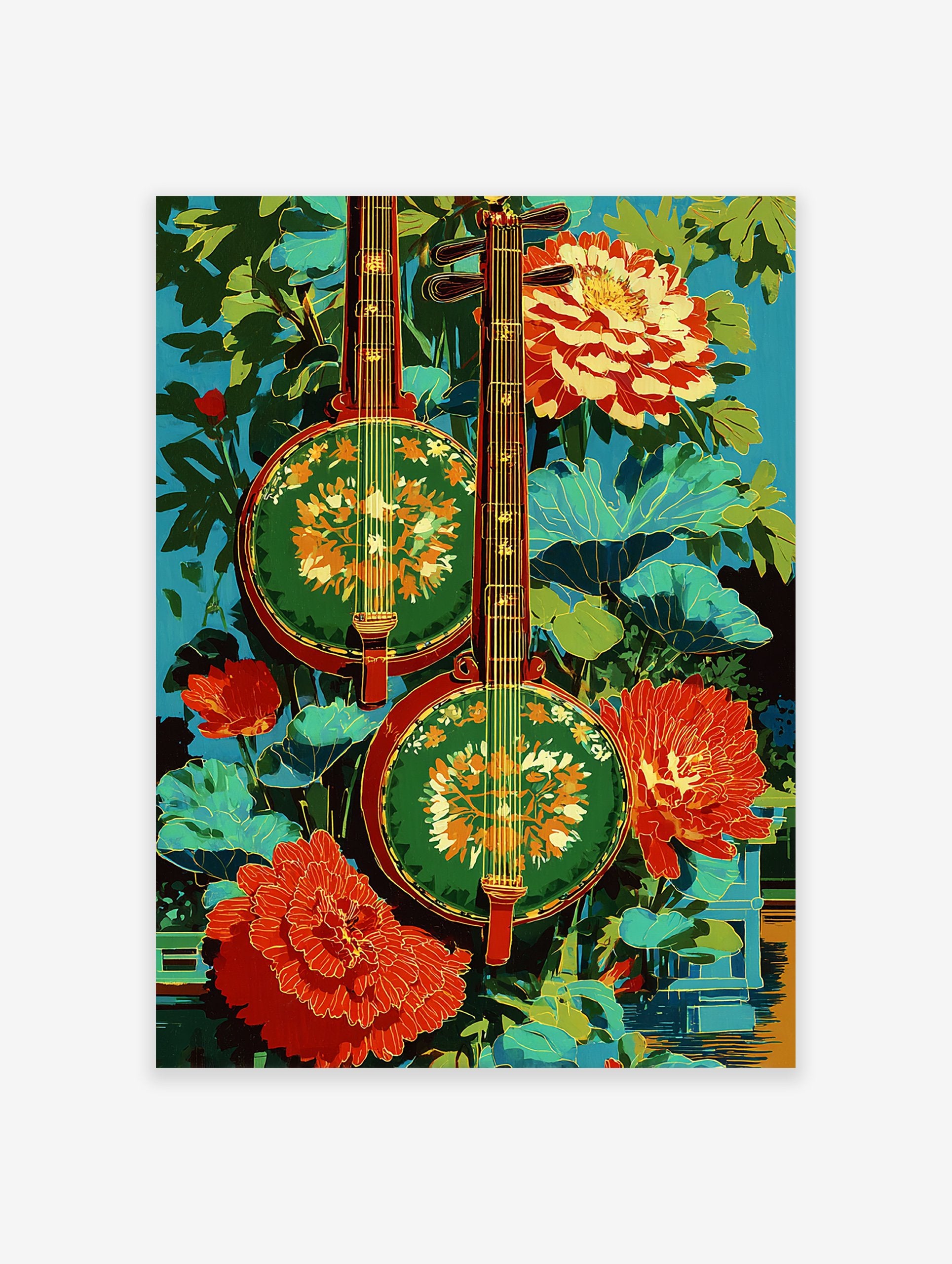 Vibrant cultural wall art featuring two traditional Asian string instruments, green and red, with lush leaves and red-orange flowers.