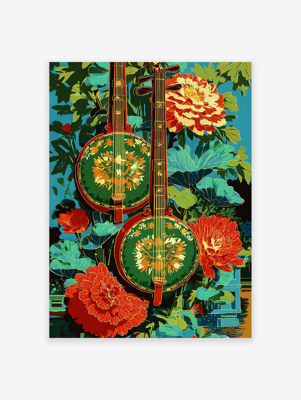 Vibrant cultural wall art featuring two traditional Asian string instruments, green and red, with lush leaves and red-orange flowers.