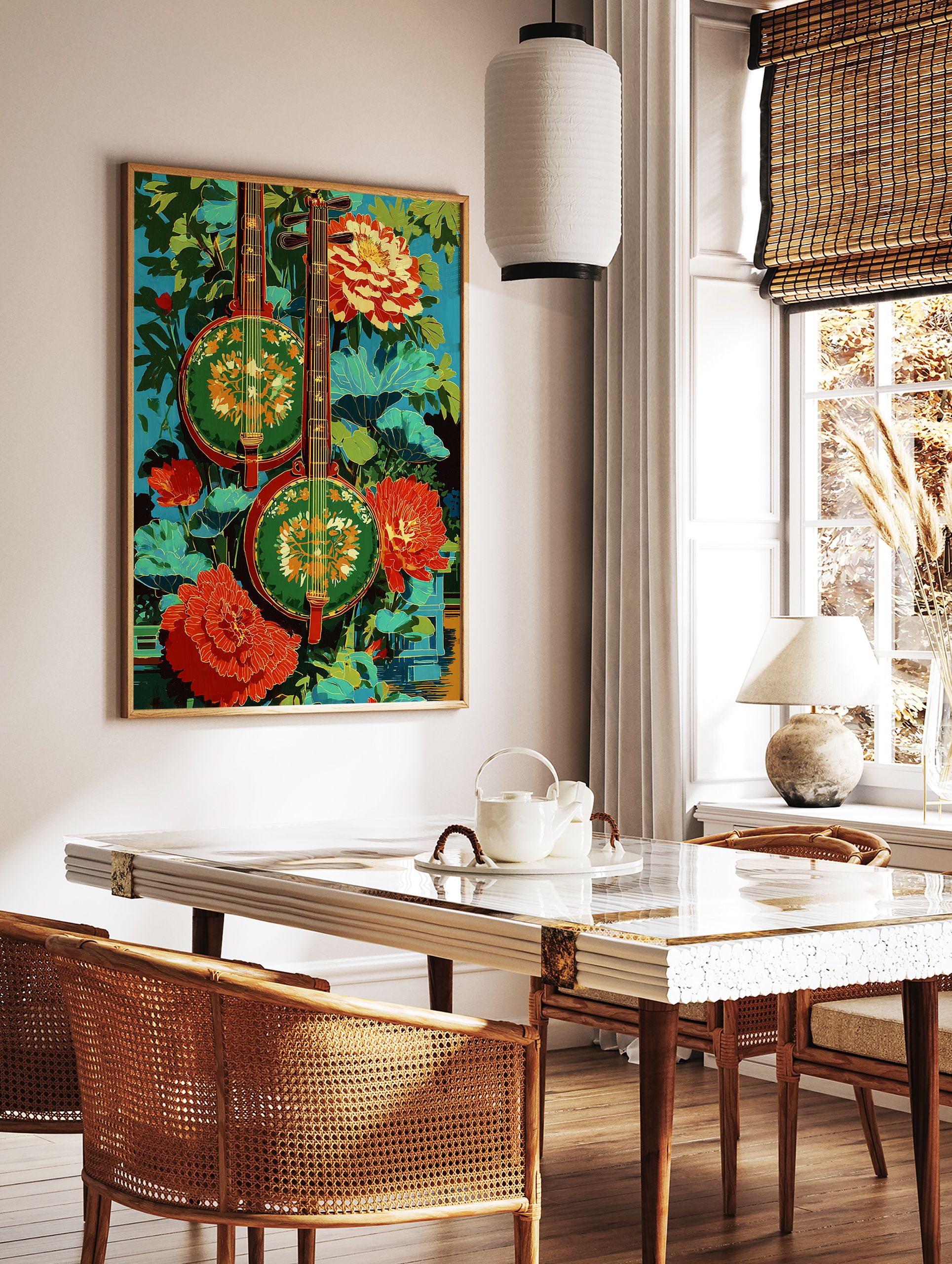 Vibrant cultural wall art featuring two traditional Asian string instruments, green and red, with lush leaves and red-orange flowers. - Image 2