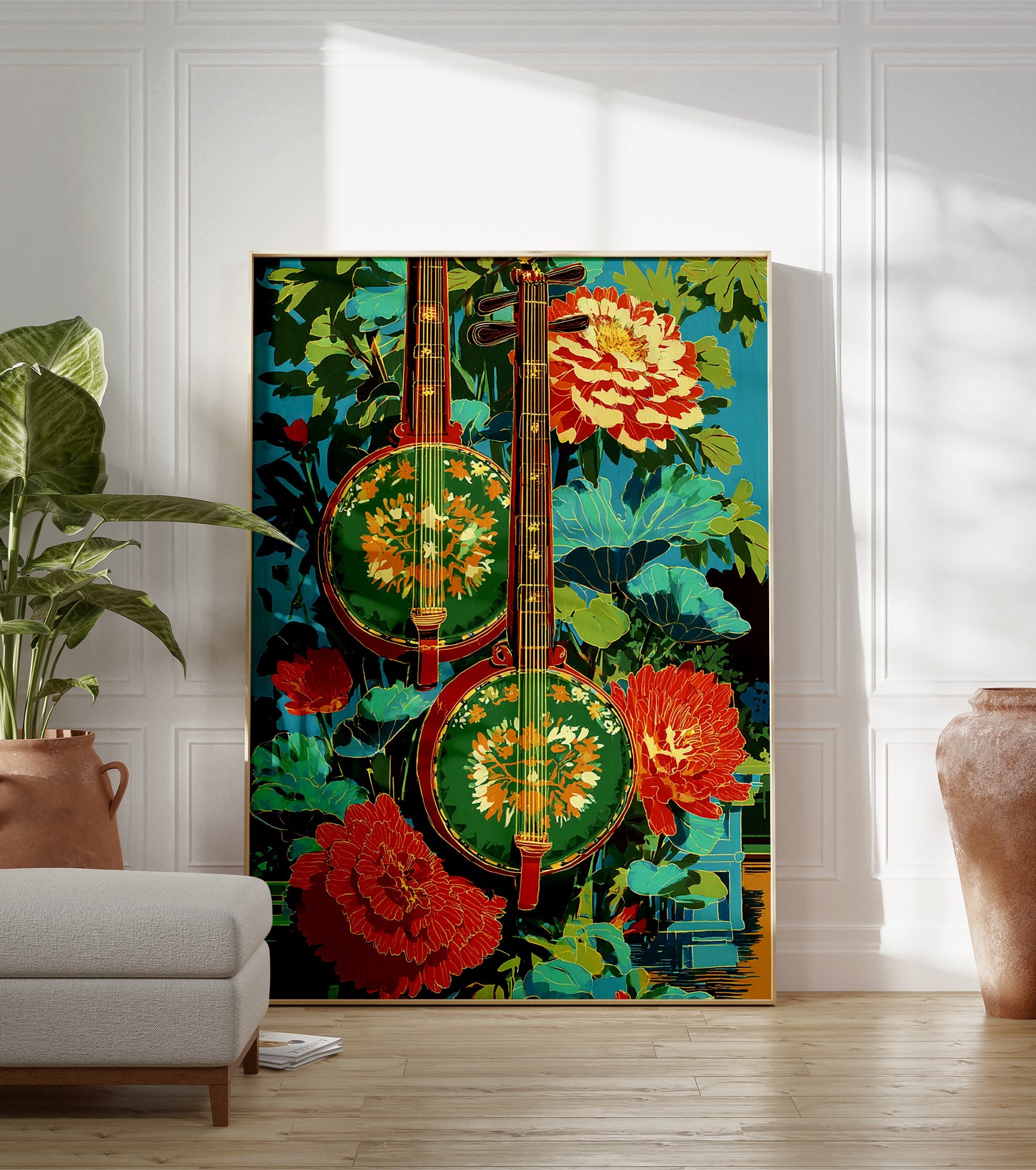 Vibrant cultural wall art featuring two traditional Asian string instruments, green and red, with lush leaves and red-orange flowers. - Image 3