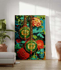 Vibrant cultural wall art featuring two traditional Asian string instruments, green and red, with lush leaves and red-orange flowers. - Image 3