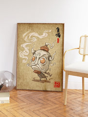Stylized Asian spirit figure illustration with large eyes and mustache, emitting smoke, on a textured beige background with calligraphy. - Image 2
