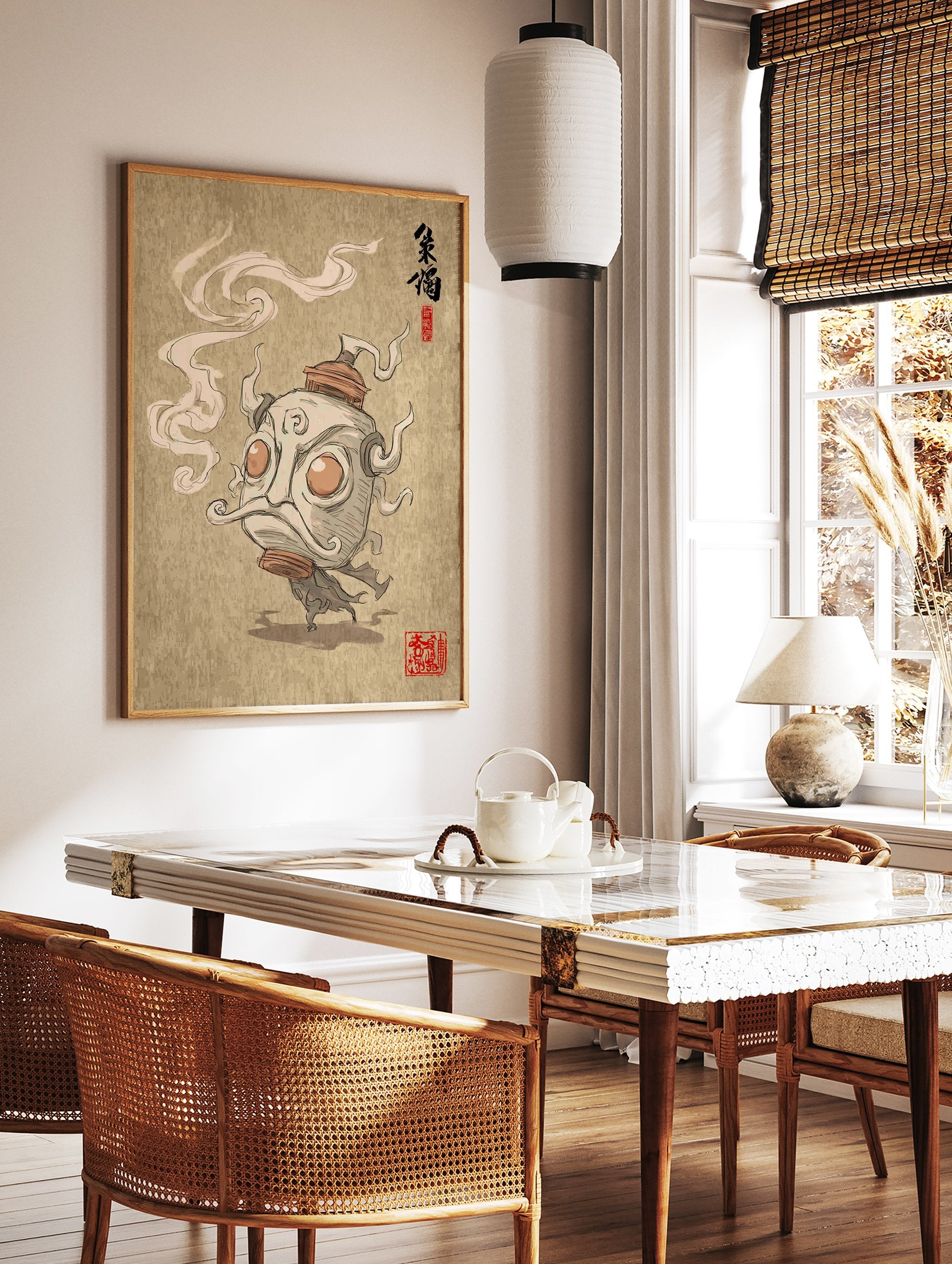 Stylized Asian spirit figure illustration with large eyes and mustache, emitting smoke, on a textured beige background with calligraphy. - Image 3