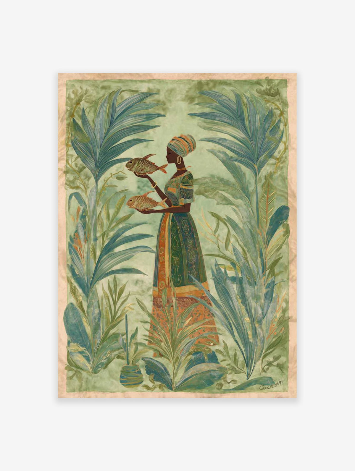Cultural wall art print of a woman in a tropical setting holding two fish, surrounded by lush green plants.