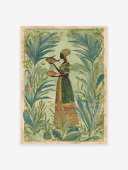 Cultural wall art print of a woman in a tropical setting holding two fish, surrounded by lush green plants.
