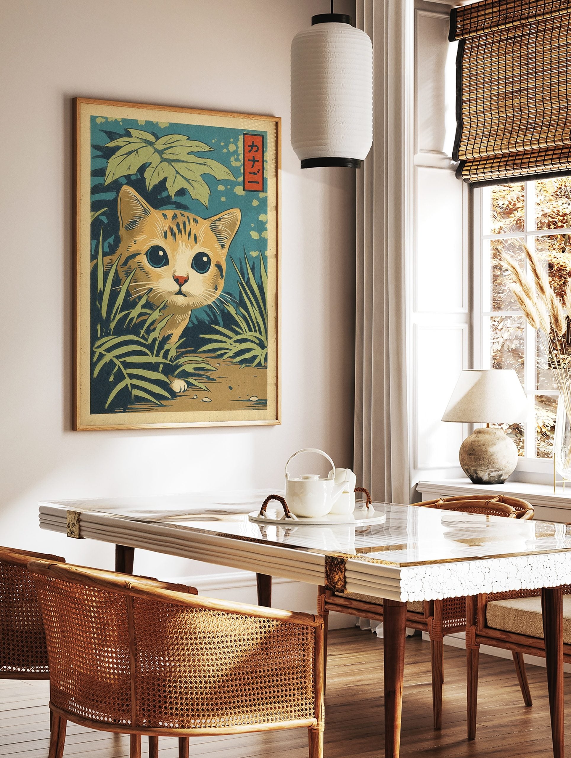 Japanese Ukiyo-e style illustration of a curious cat with big blue eyes peeking through green grass, in a styled room mockup