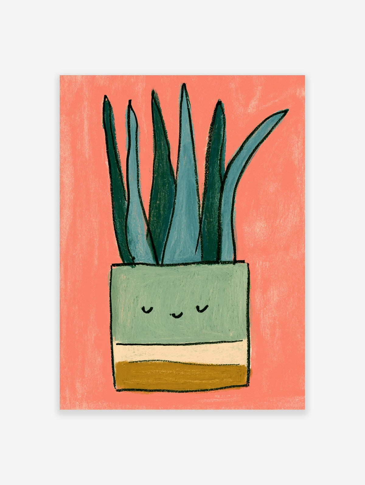 Cute aloe vera plant in a smiling mint green pot, illustrated on a coral background