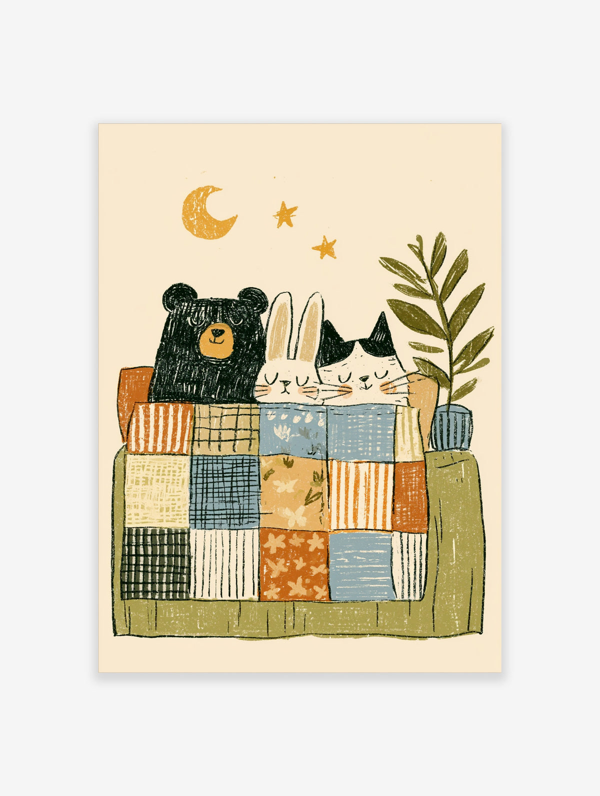 Cute animal bedtime poster with bear, rabbit and cat under patchwork quilt, moon and stars