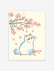 Illustrative print of a white cat looking up at falling pink cherry blossom petals and branches