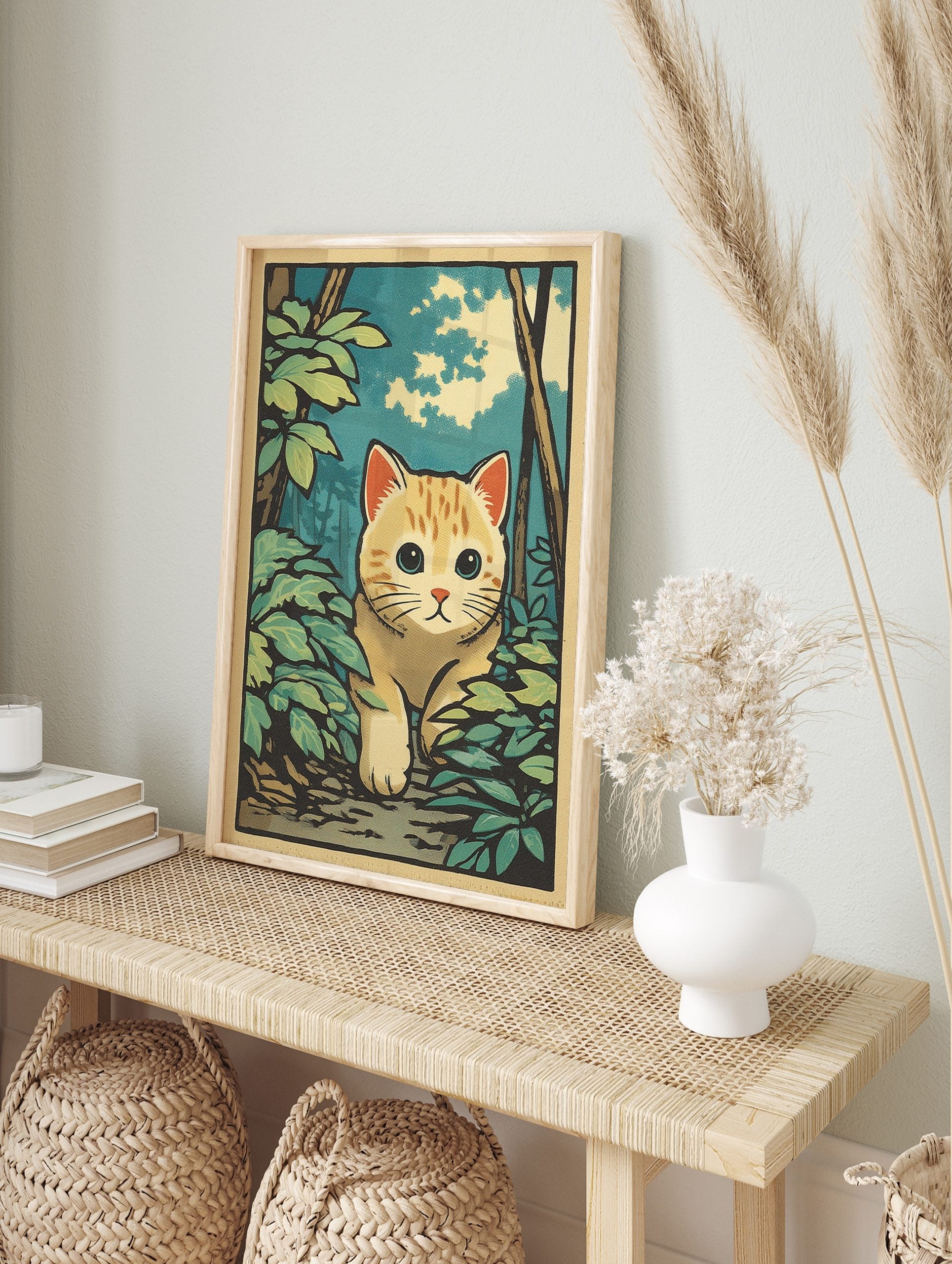 Illustrative ginger cat with blue eyes peeking from green foliage in a forest setting under a, in an alternate framed mockup