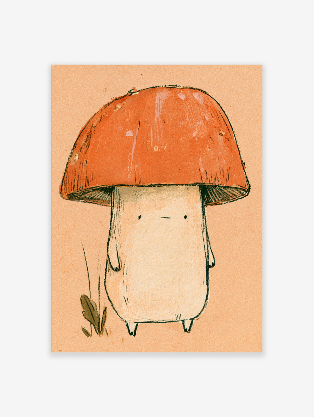 Cute mushroom character illustration with orange cap and cream stalk on peach background